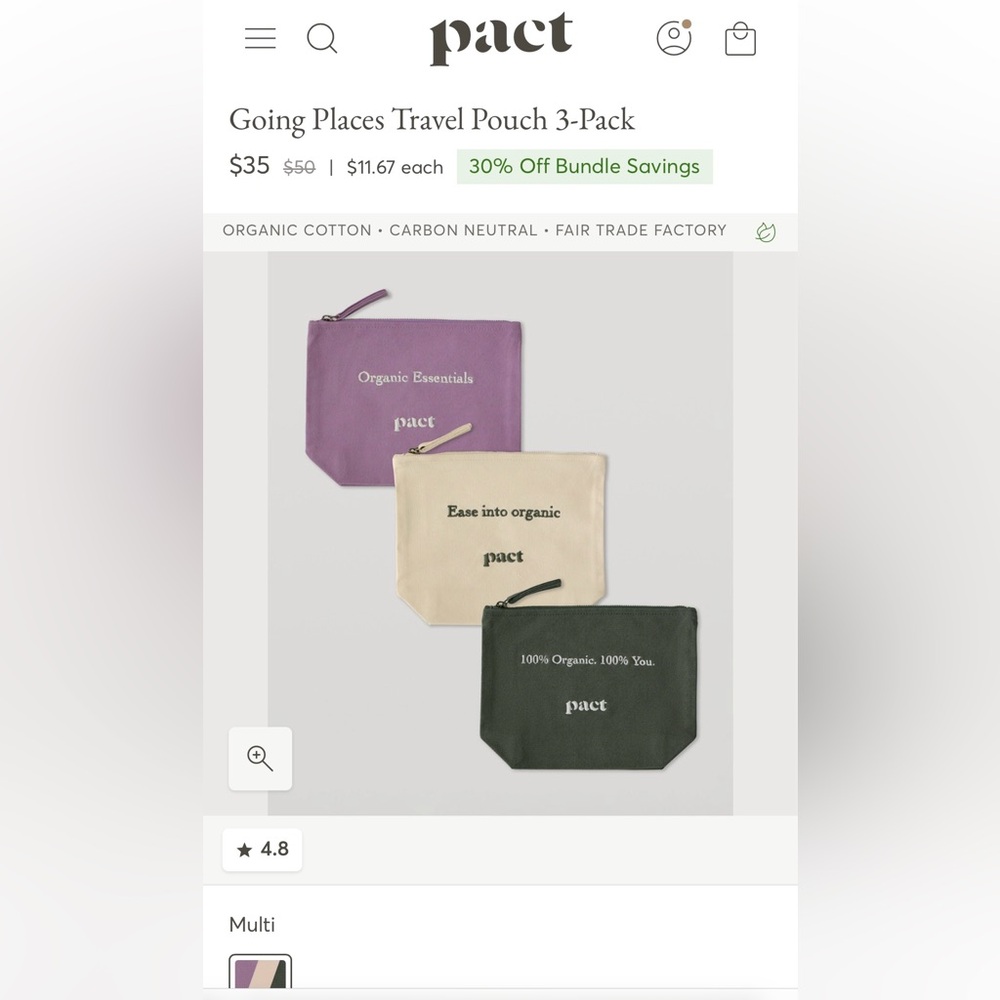 NWT pact going places travel pouch 3-pack organic cotton cosmetic bags